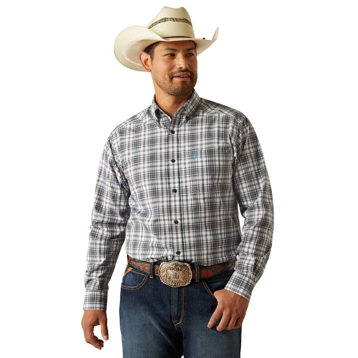 Ariat Men&#39;s Pro Series Willie L/S Western Shirt. Man wearing a plaid shirt, jeans, and a cowboy hat on a white background