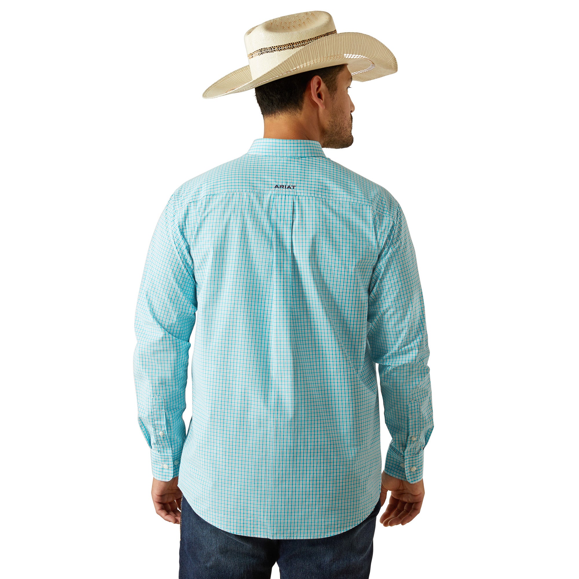Ariat Men's Pro Series Wilmer L/S Western Shirt. Man wearing a light blue checkered shirt with a brand logo on the back, standing against a white background.