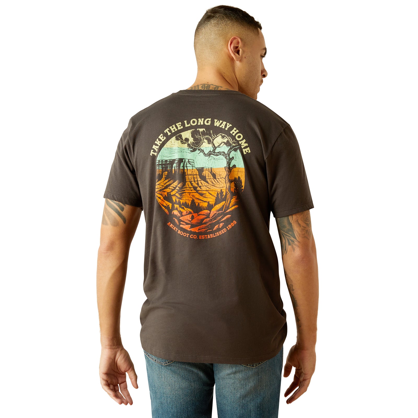 Ariat Men's Take the Long Way T-Shirt. Man wearing a brown t-shirt with a scenic graphic on the back, standing against a white background