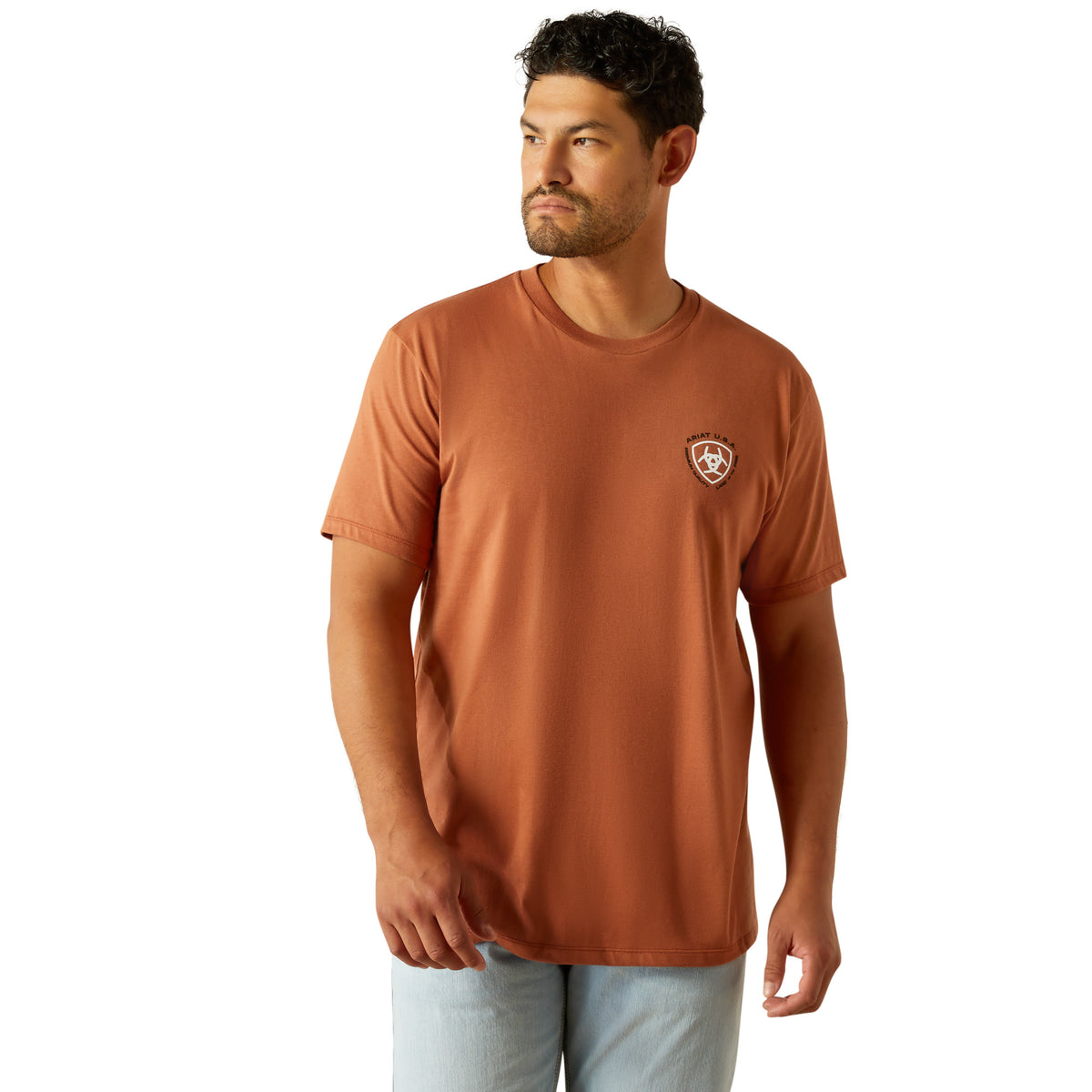 Ariat Men&#39;s Loft Simple Seal T-Shirt. Man wearing a brown t-shirt with a logo on a white background
