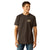 Ariat Men's Cowboy Cocky T-Shirt. Man wearing a dark brown t-shirt with a colorful rooster graphic and 'Cocky Cowboy' text on the back.