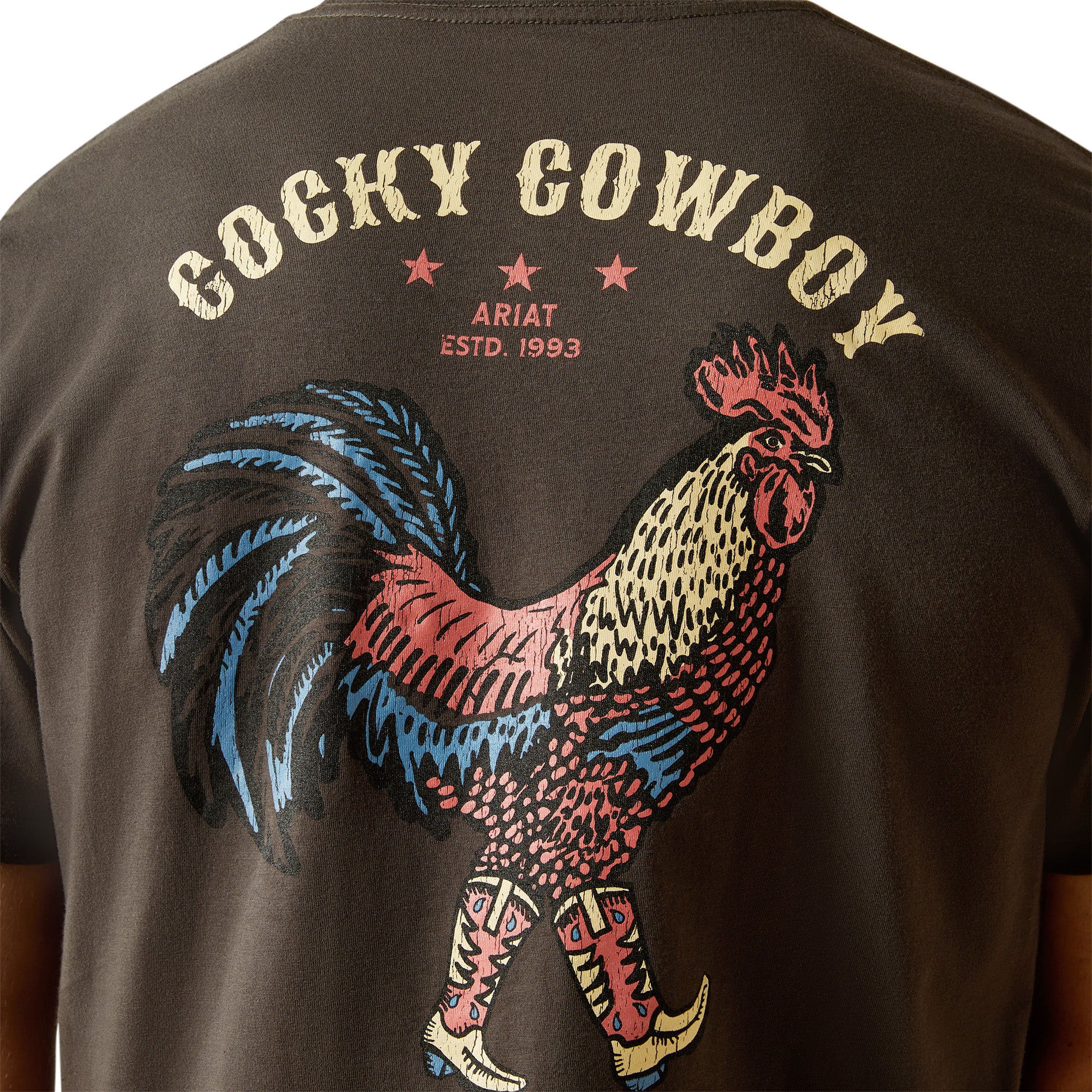 Ariat Men's Cowboy Cocky T-Shirt. Brown t-shirt with colorful rooster design and 'Goaty Cowboy' text on the back, brand 'Ariat' visible.
