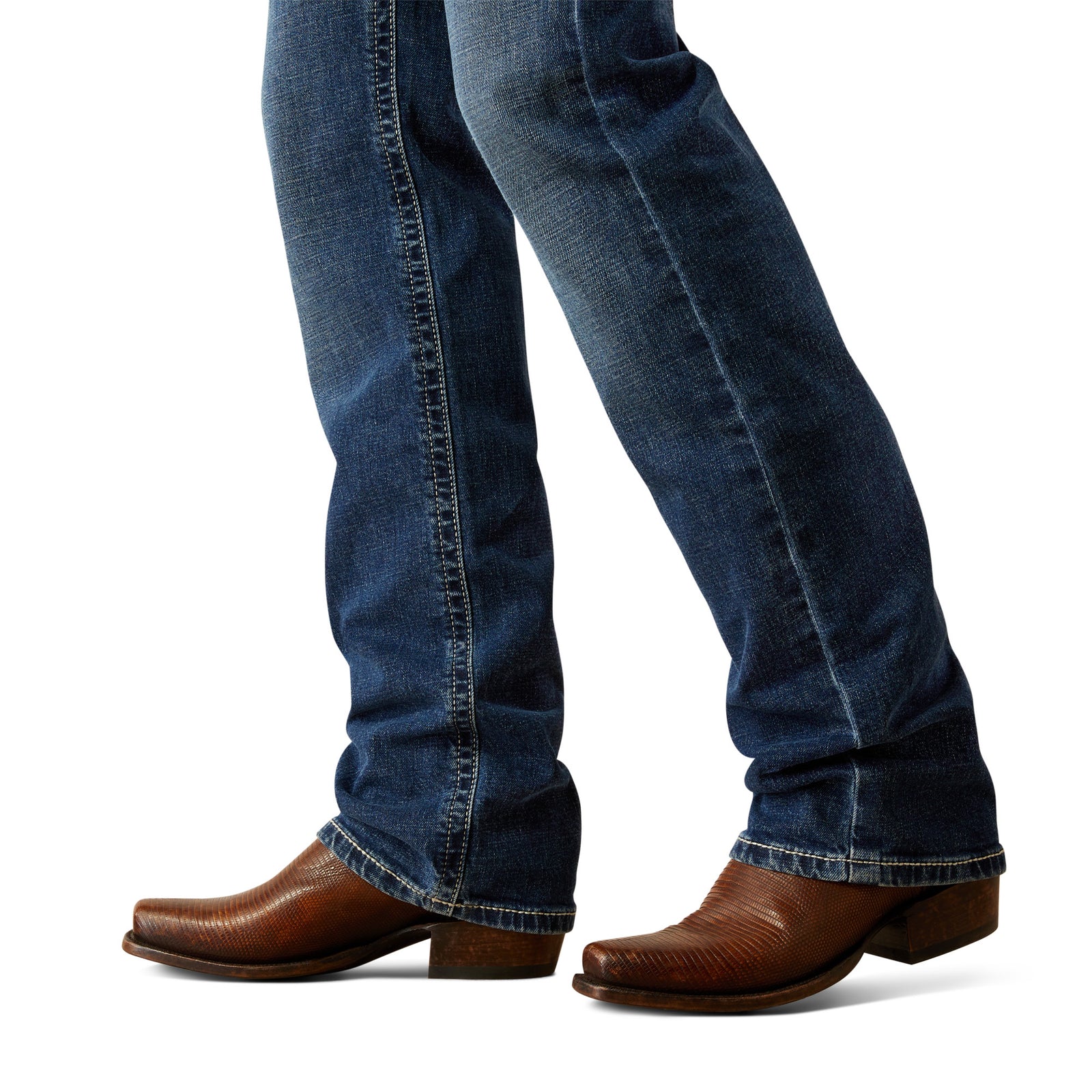 Ariat Men's M7 Wesley Slim Straight Leg Jean. Blue jeans and brown cowboy boots on a white background