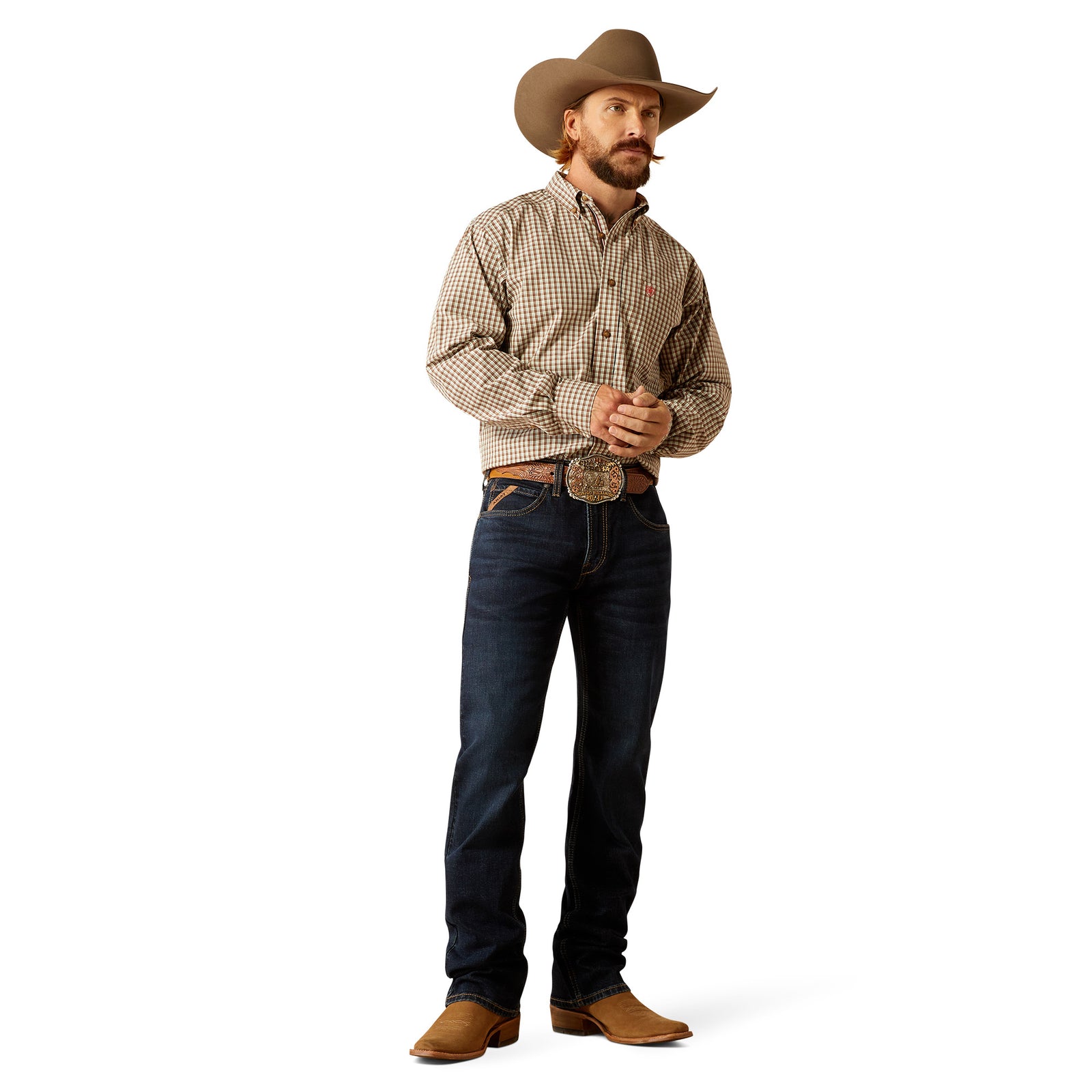 Ariat Men's M5 Dexter Straight Leg Jean. Man wearing a cowboy hat, checkered shirt, and jeans on a white background