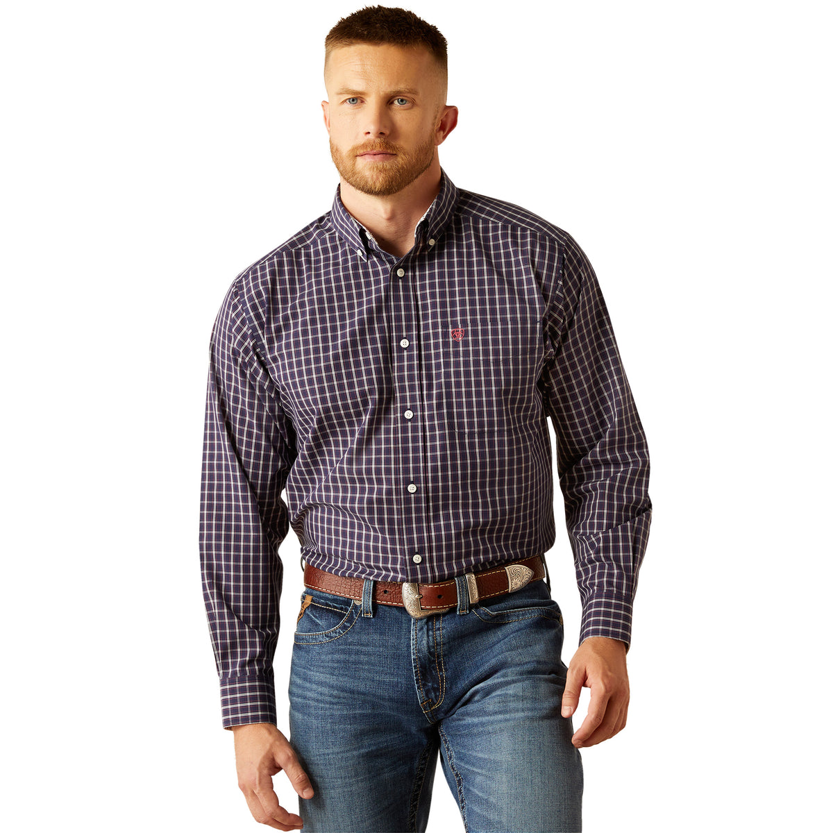 Ariat Men&#39;s Wrinkle Free Dwayne L/S Western Shirt. Man wearing a plaid shirt and jeans on a white background