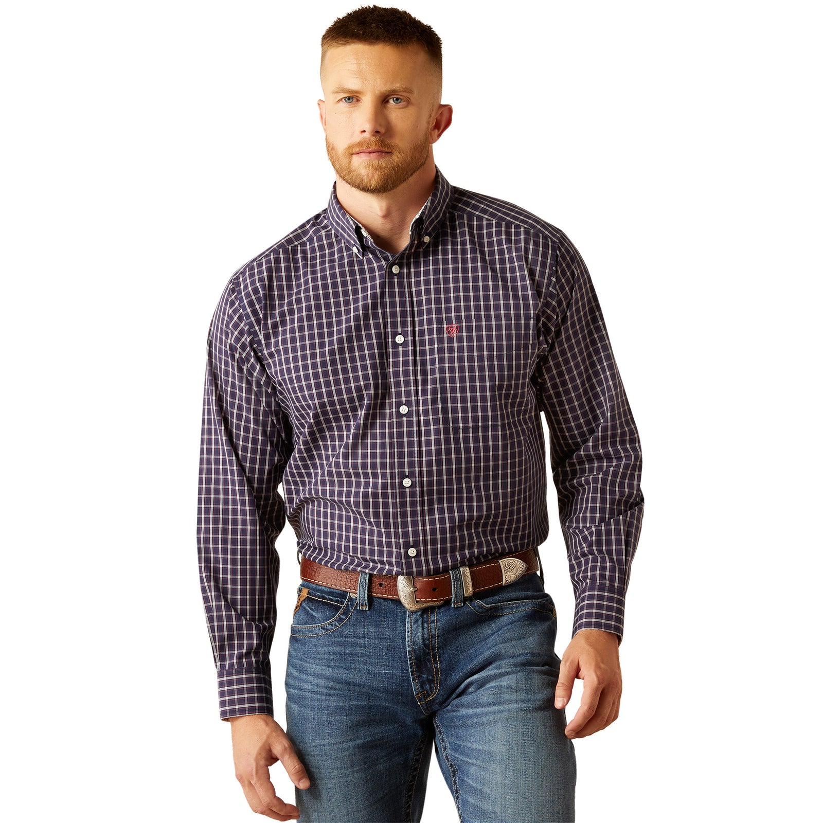 Ariat Men's Wrinkle Free Dwayne L/S Western Shirt. Man wearing a plaid shirt and jeans on a white background