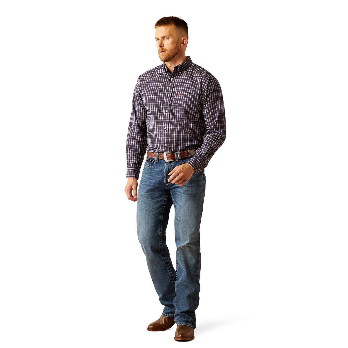 Ariat Men's Wrinkle Free Dwayne L/S Western Shirt. Man wearing a checkered shirt and jeans on a white background