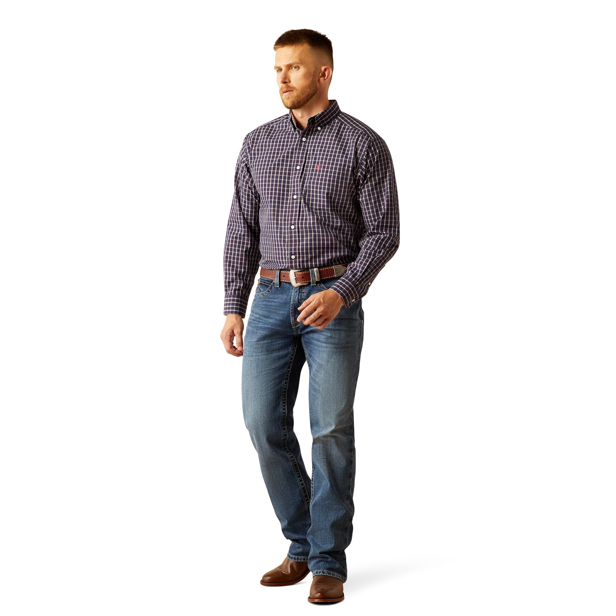 Ariat Men's Wrinkle Free Dwayne L/S Western Shirt. Man wearing a checkered shirt and jeans on a white background