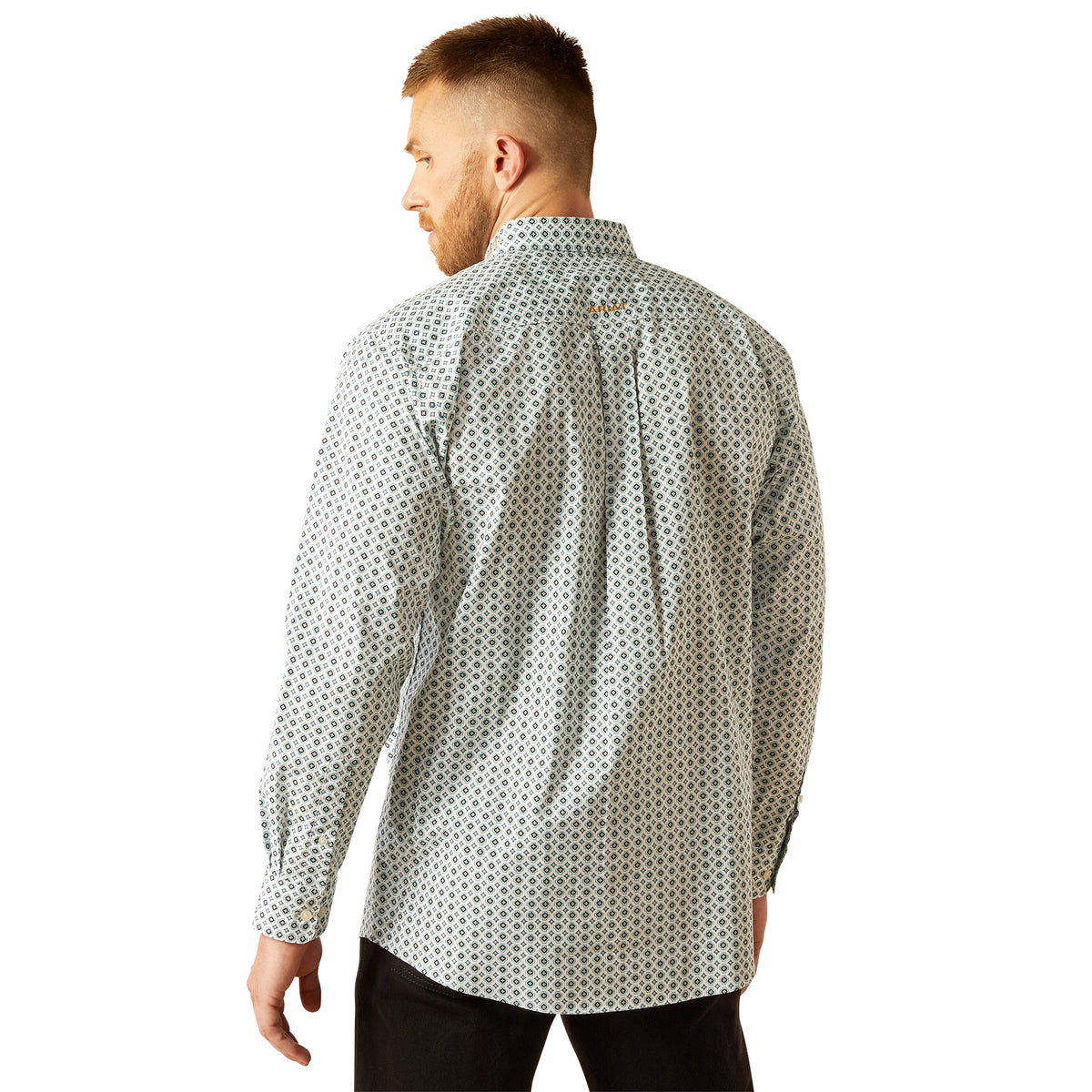 Ariat Men's Team Franklin L/S Western Shirt. Man wearing a patterned shirt on a white background