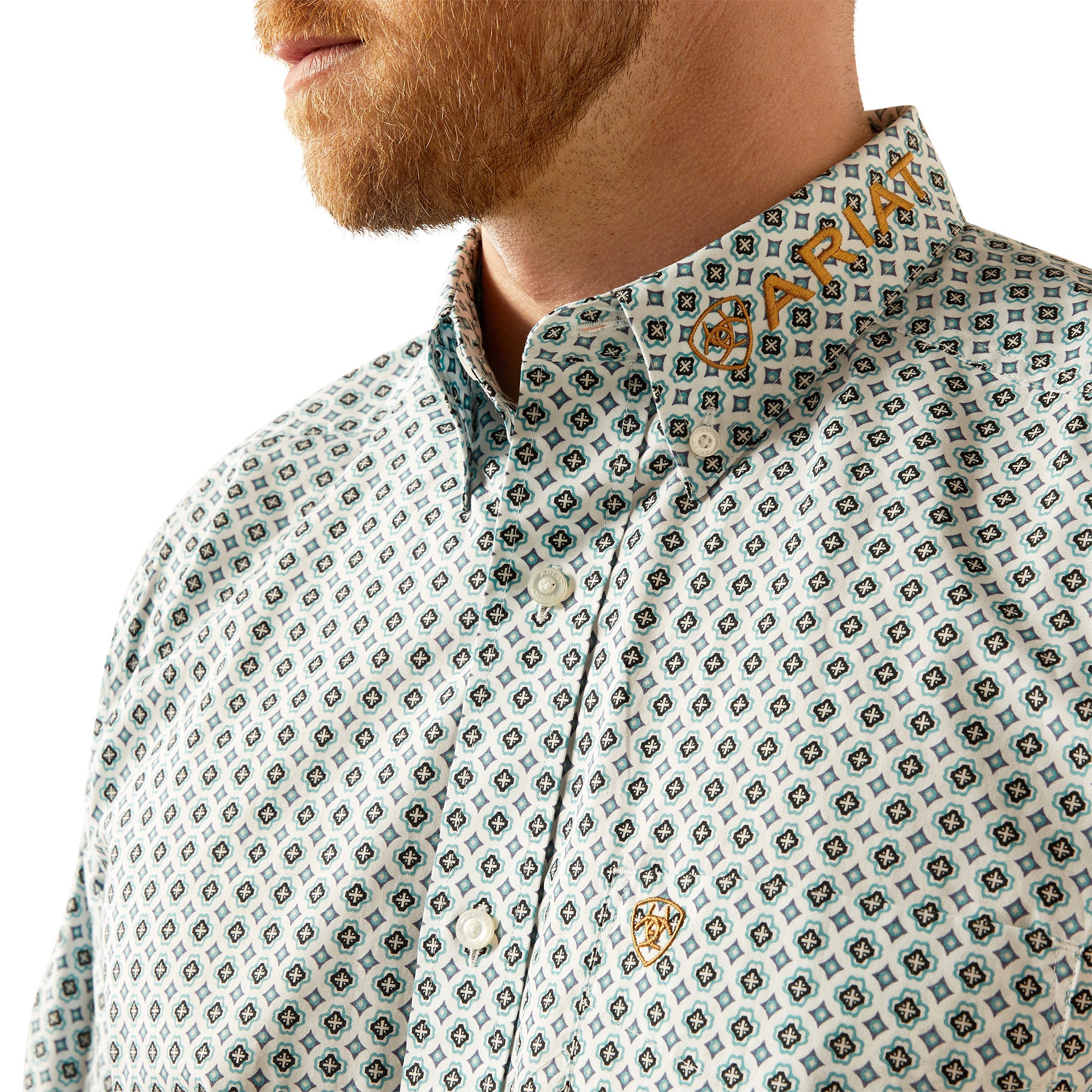 Ariat Men's Team Franklin L/S Western Shirt. Patterned shirt worn by a person on a white background