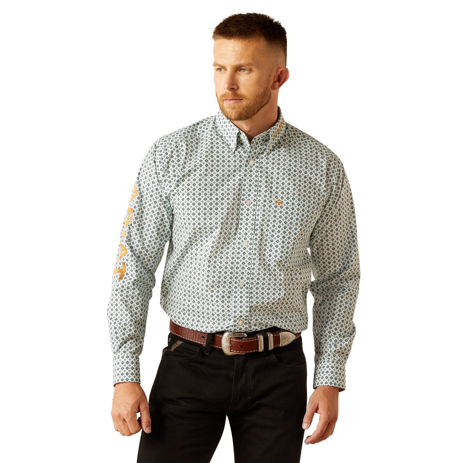 Ariat Men's Team Franklin L/S Western Shirt. Man wearing a patterned shirt with a white background
