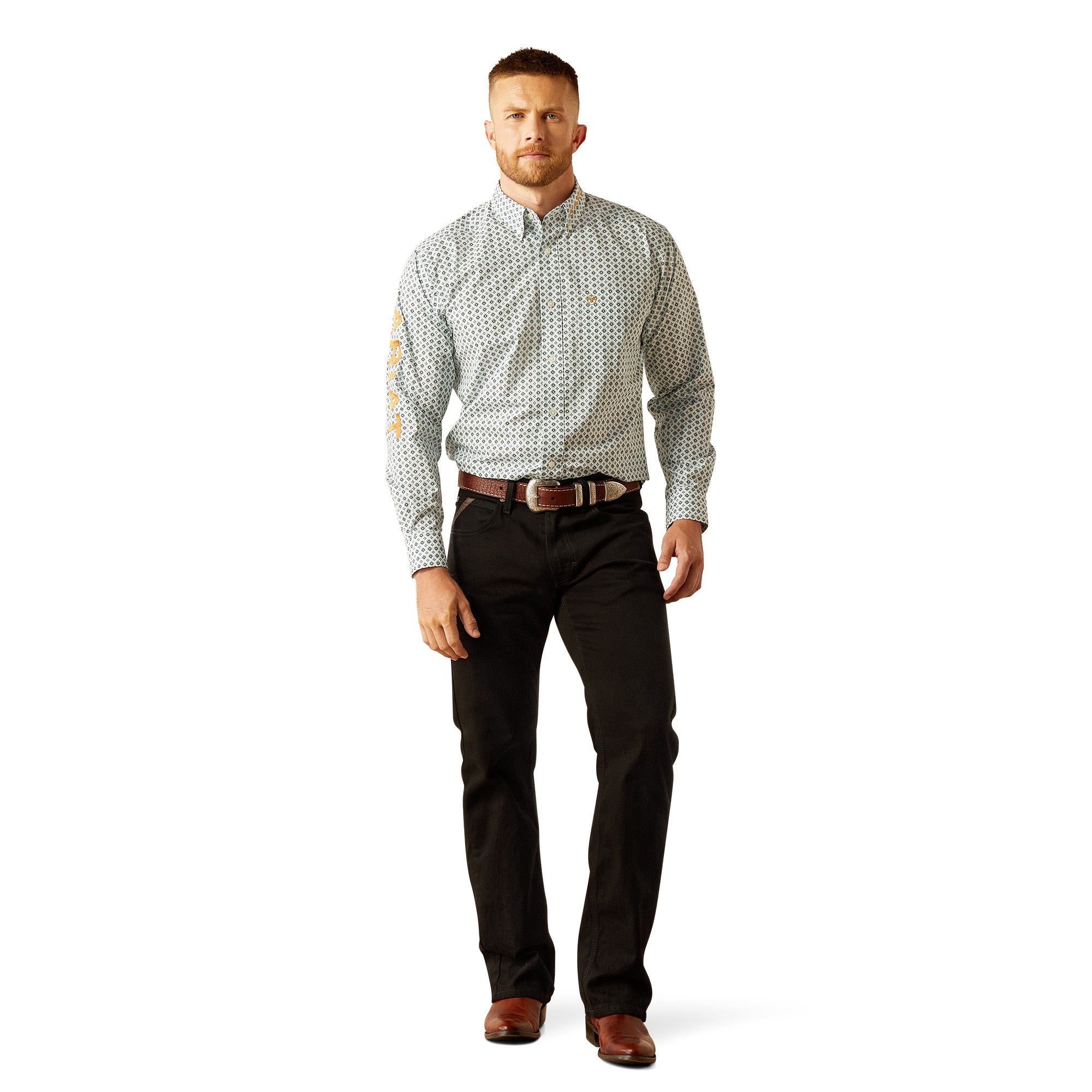 Ariat Men's Team Franklin L/S Western Shirt. Man wearing a patterned shirt and black pants on a white background