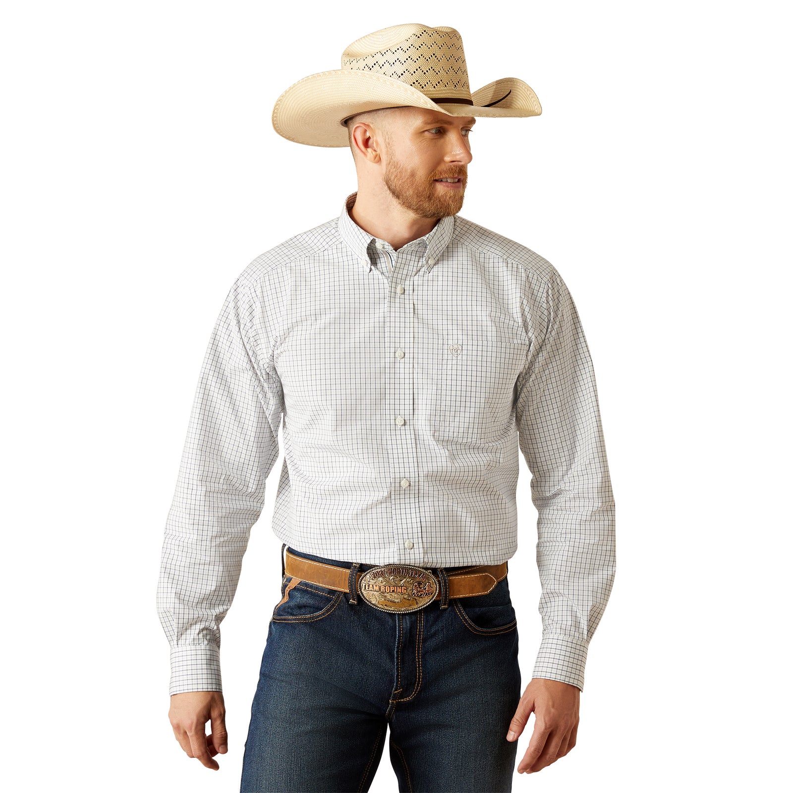 Ariat Men's Pro Series Stone L/S Western Shirt. Man wearing a white checkered shirt, blue jeans, and a cowboy hat on a white background