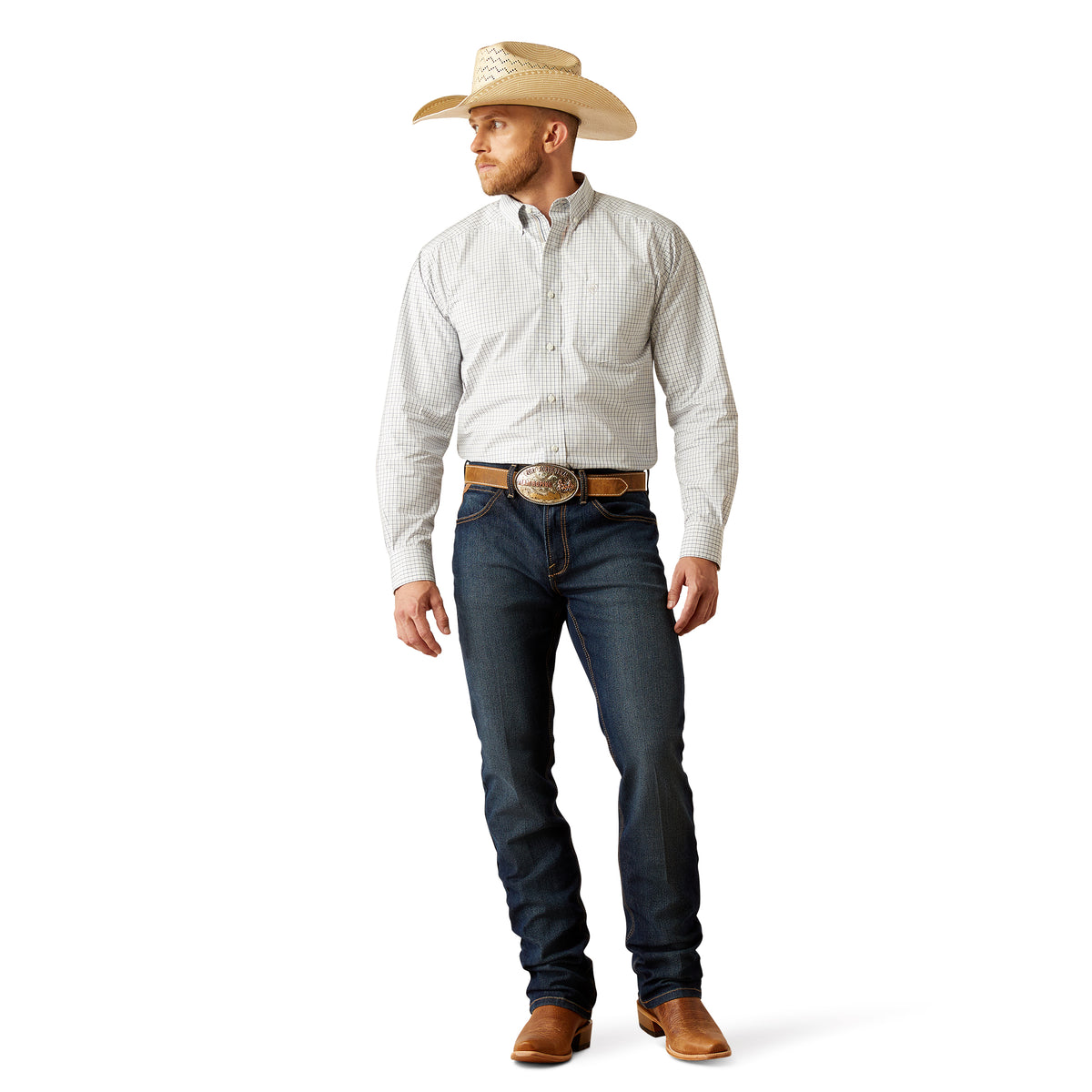 Ariat Men's Pro Series Stone L/S Western Shirt. Man wearing a white patterned shirt, blue jeans, brown boots, and a straw cowboy hat on a white background