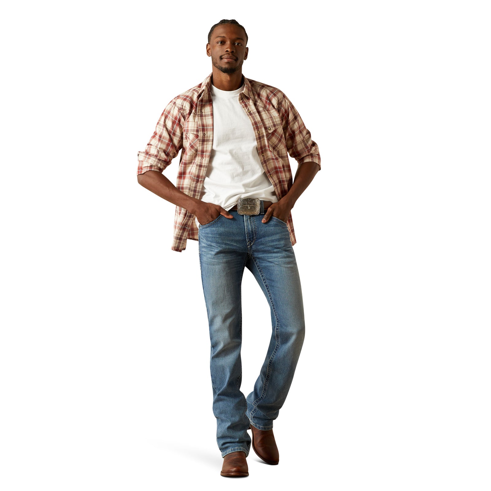Ariat Men's M5 Forrest Straight Leg Jeans. Man wearing a plaid shirt, white t-shirt, and blue jeans on a white background