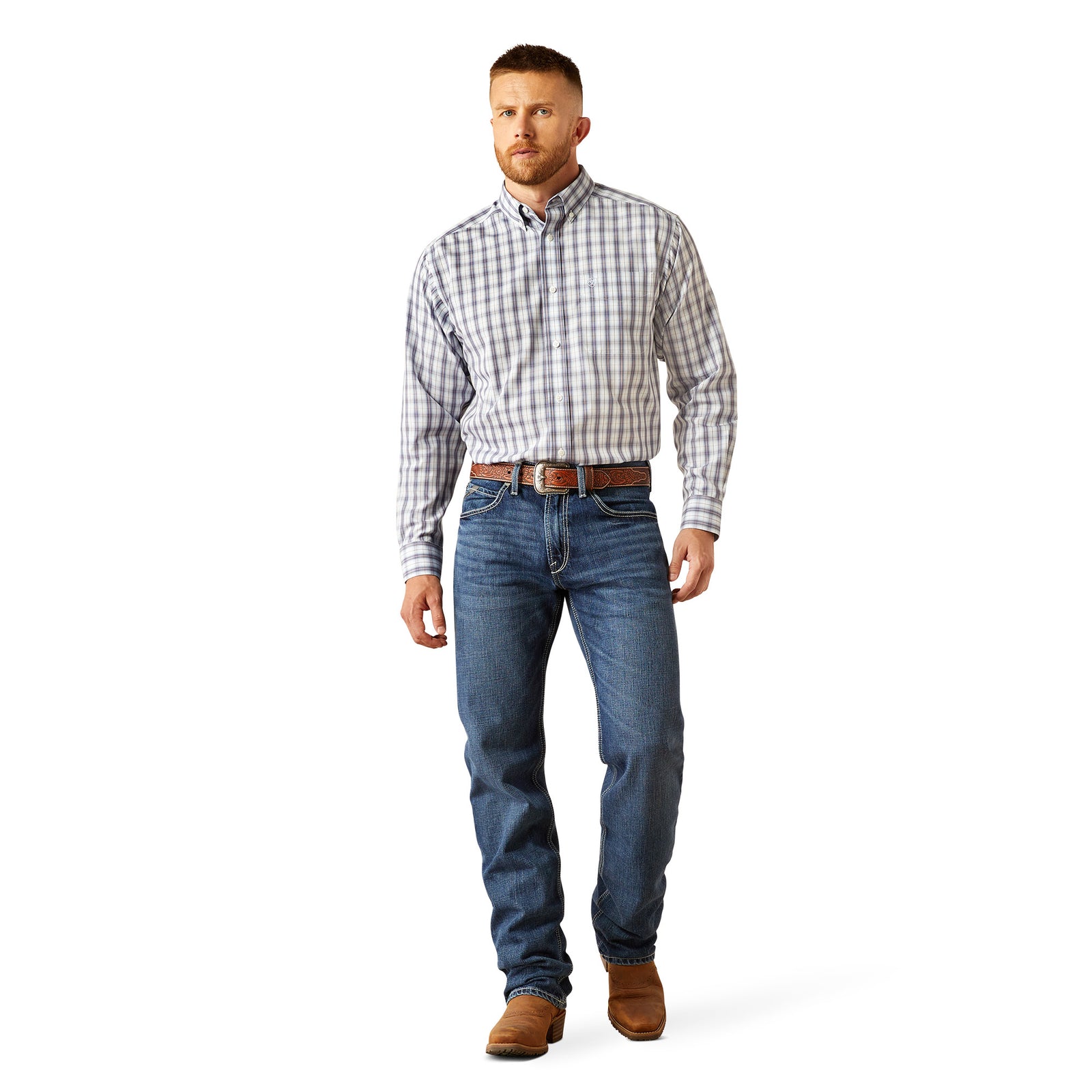 Ariat Men's M2 Camilo Boot Cut Jean. Man wearing a checkered shirt, jeans, and brown boots on a white background