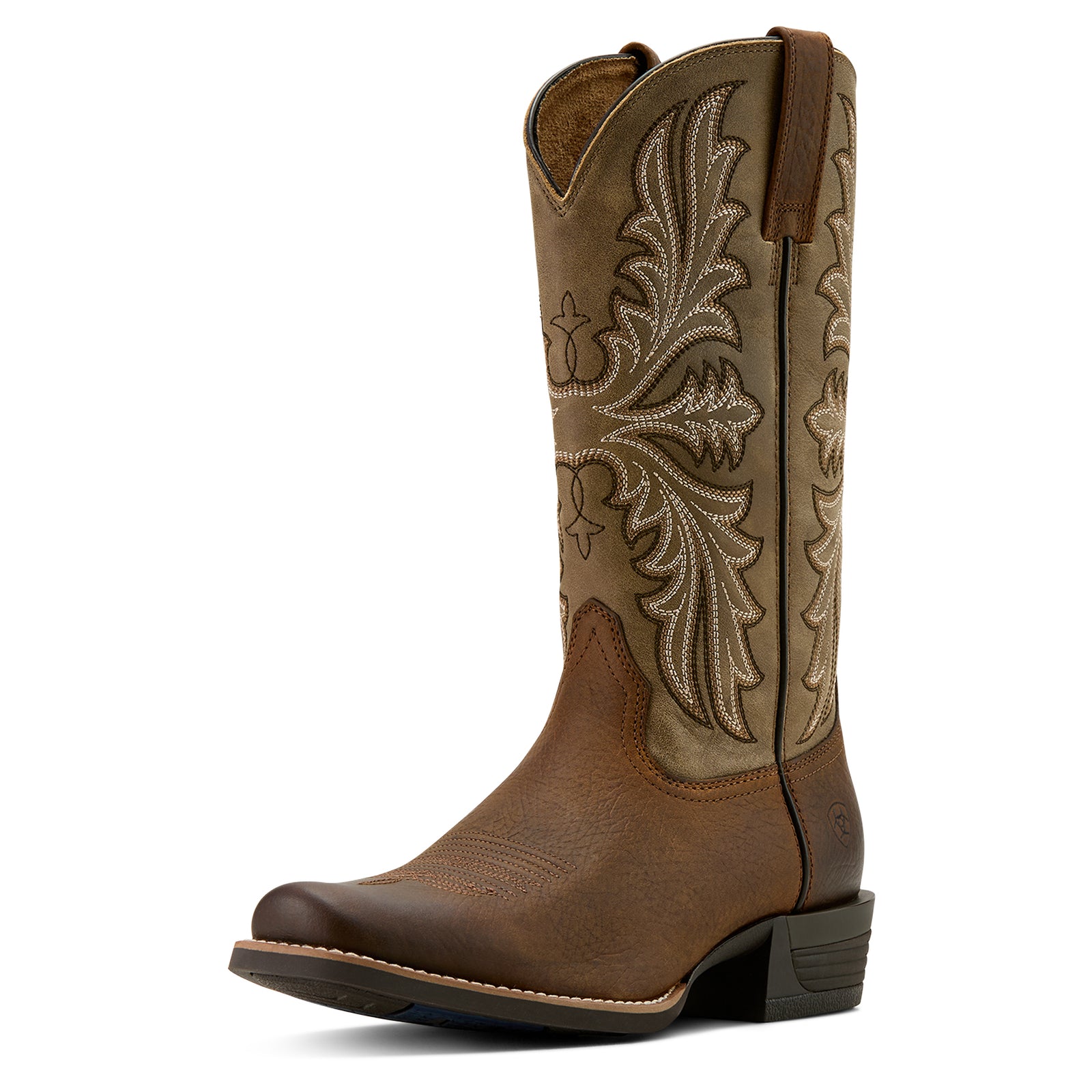 Ariat Men's Hustler Western Boot featuring a brown full-grain leather upper with a striking stitch pattern and a 13-inch shaft.