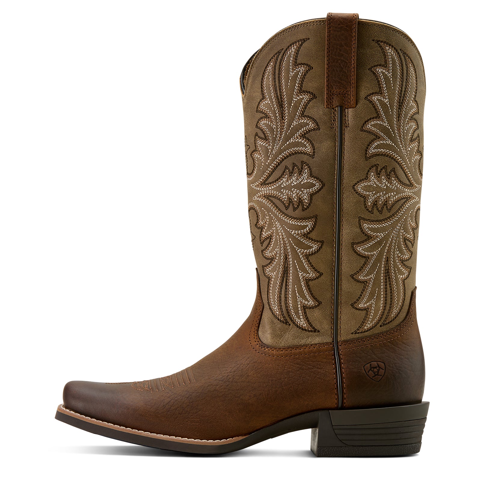 Ariat Men's Hustler Western Boot featuring a brown full-grain leather upper with a striking stitch pattern and a 13-inch shaft.
