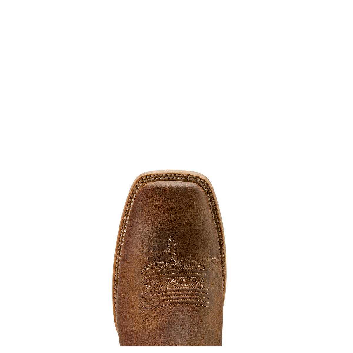 Ariat Men's Sting Western Boot. Brown leather boot sole with stitching details on a white background