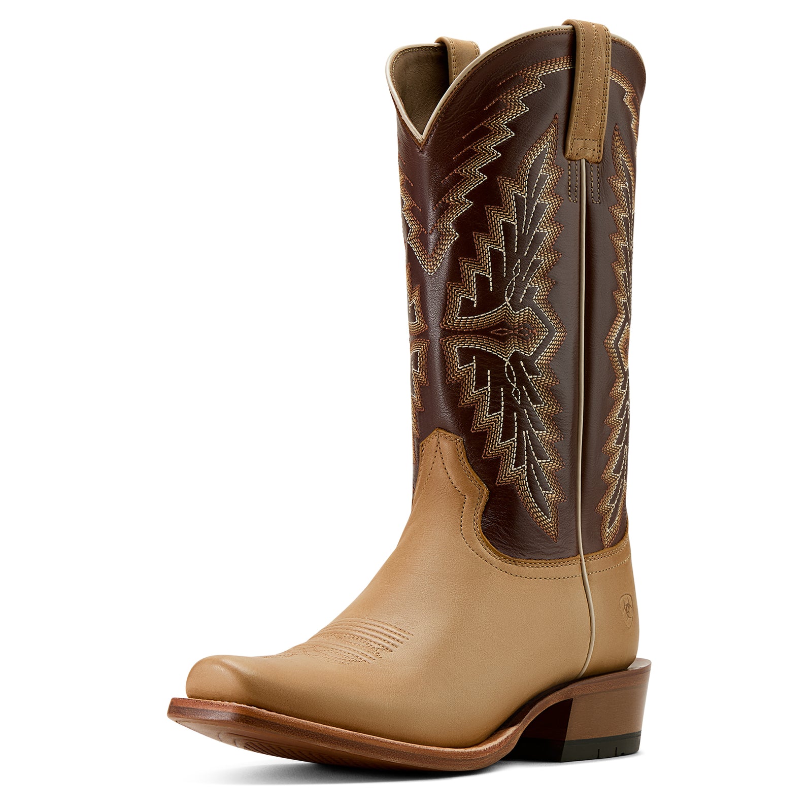 Ariat Men's Futurity Showman Western Boot. A pair of Ariat Men's Futurity Showman Western Boots with a brown and beige color scheme, featuring detailed stitching and a low heel.
