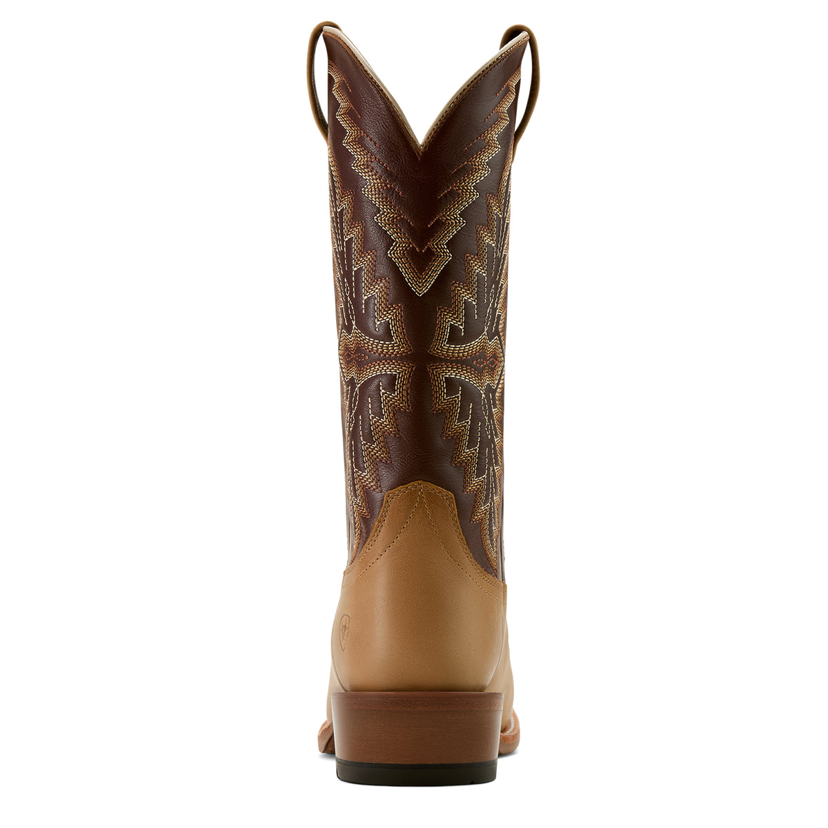 Ariat Men's Futurity Showman Western Boot. Brown and beige cowboy boot with decorative pattern on a white background