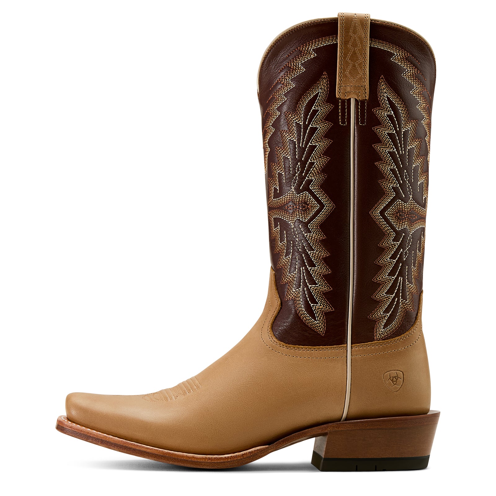 Ariat Men's Futurity Showman Western Boot. A pair of Ariat Men's Futurity Showman Western Boots with a brown and beige color scheme, featuring detailed stitching and a low heel.