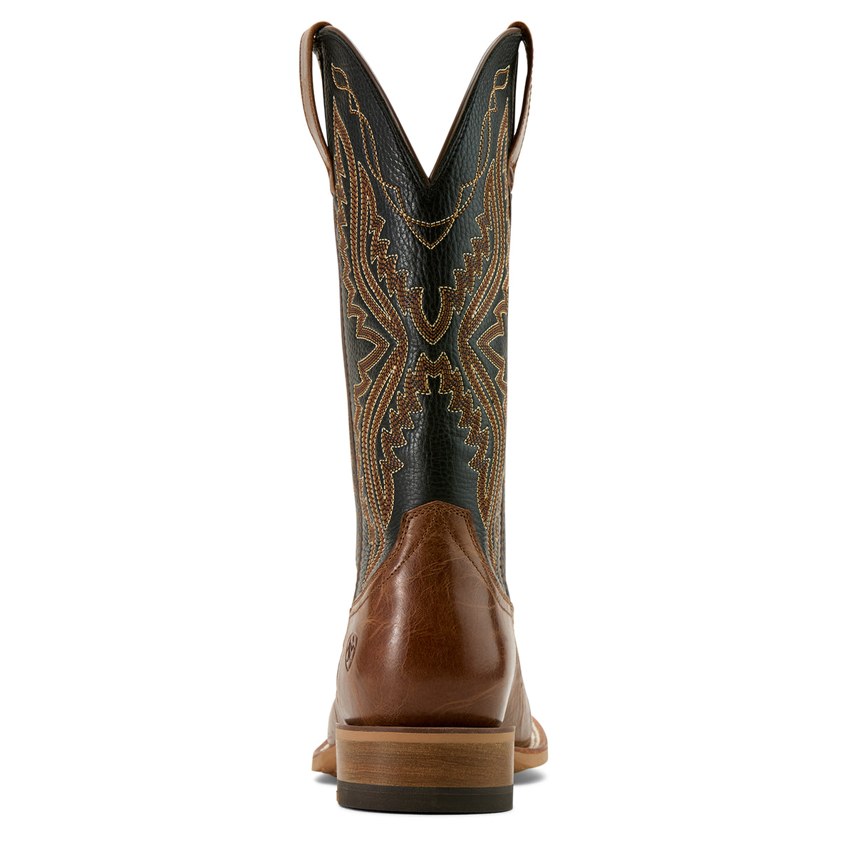 Ariat Men's Baxter Western Boot. Brown cowboy boot with intricate black and blue patterns on the back against a white background.