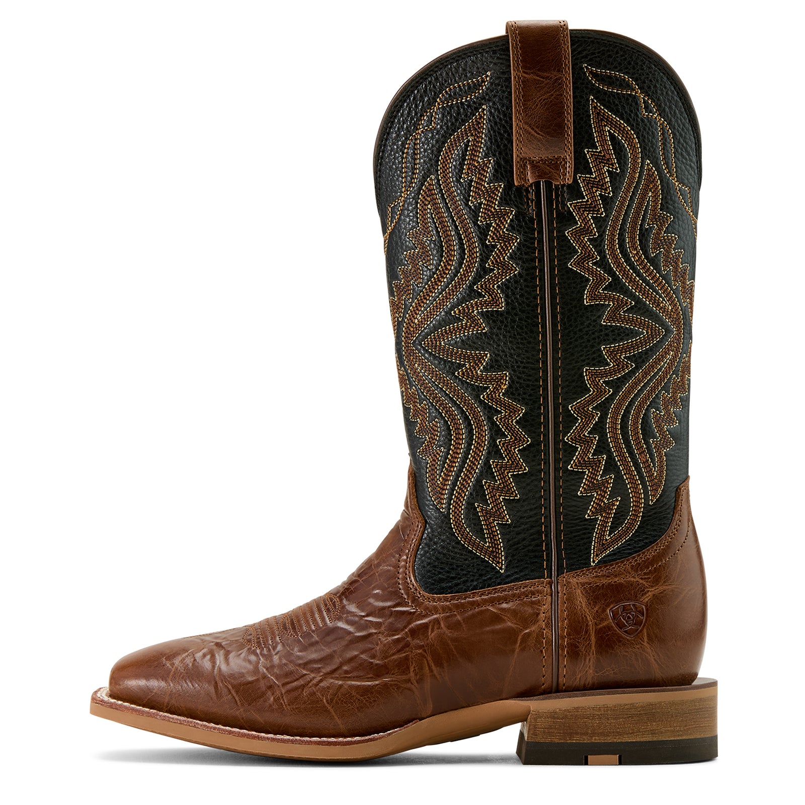 Ariat Men's Baxter Western Boot. Brown cowboy boot with intricate black and brown embroidery on a white background.