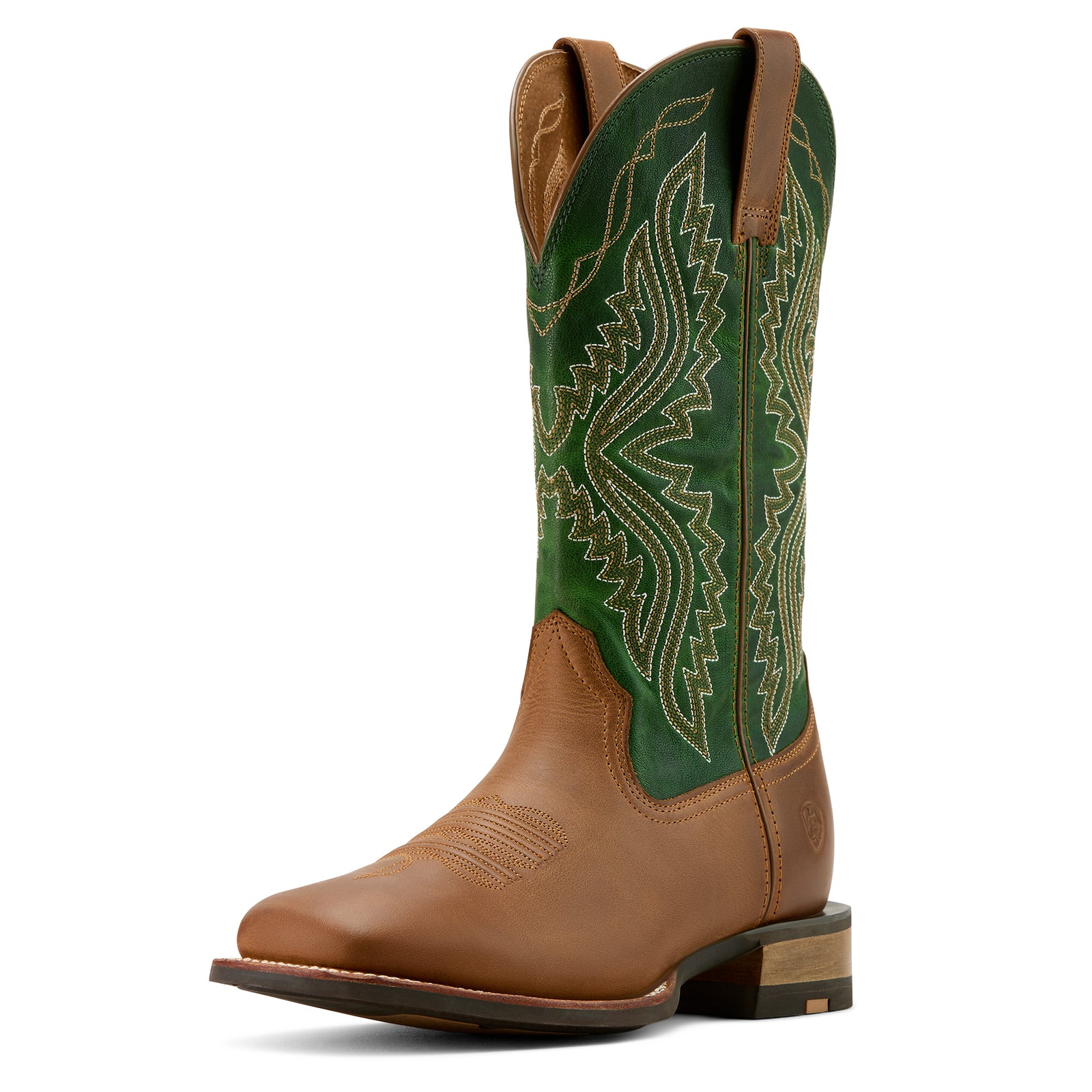 Ariat Men's Baxter Western Boot featuring a brown and green color scheme with a square toe and western boot design.