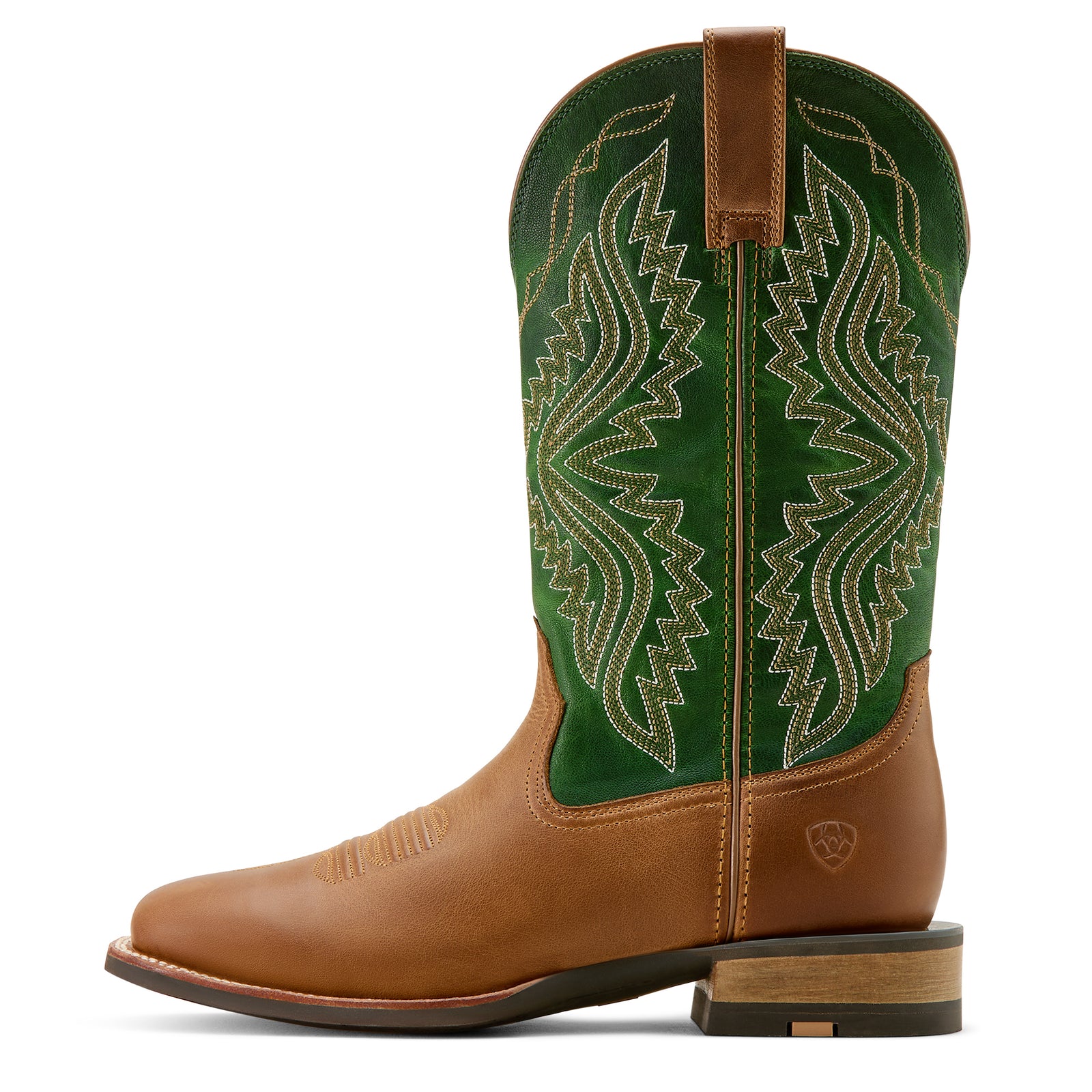 Ariat Men's Baxter Western Boot featuring a brown and green color scheme with a square toe and western boot design.