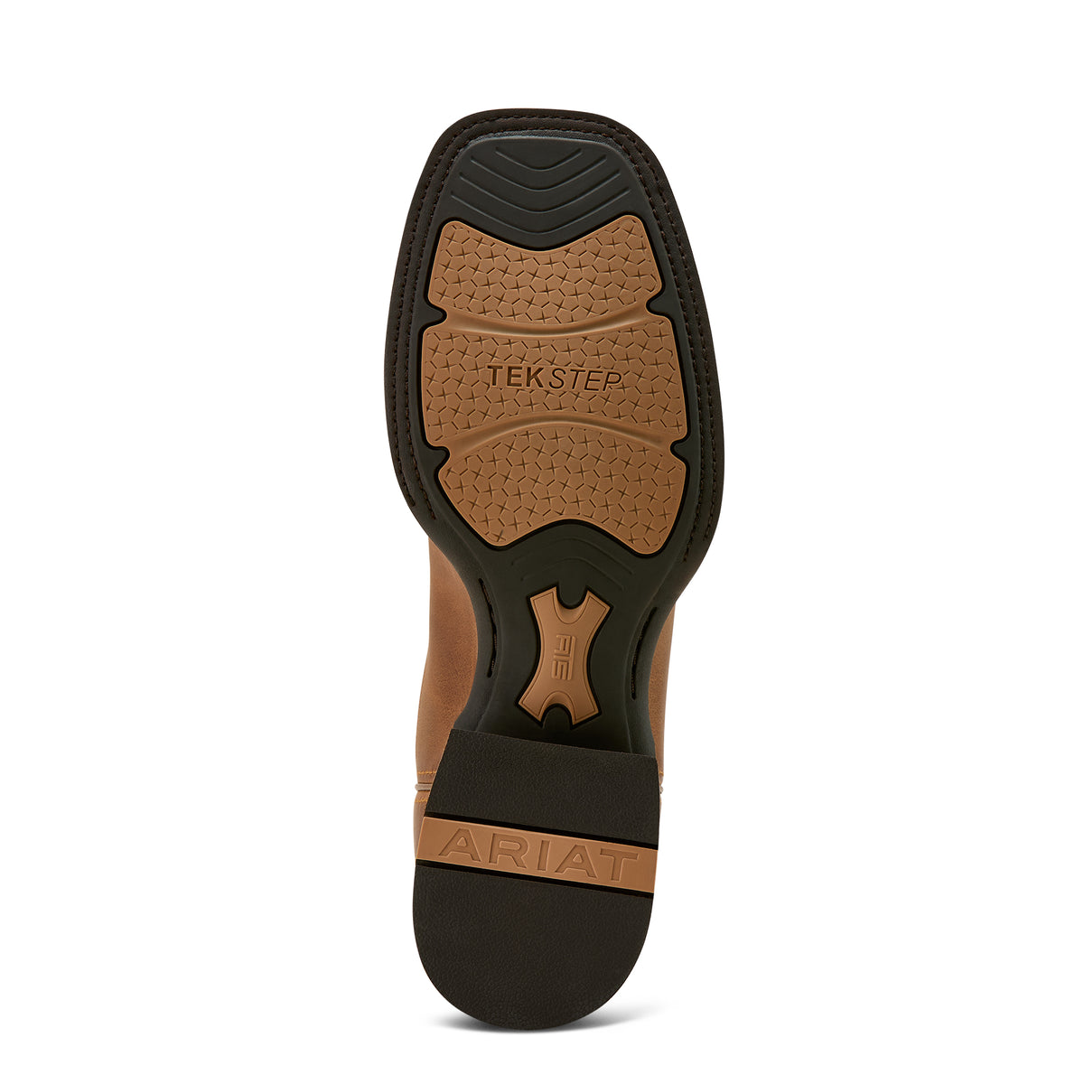 Ariat Men's Baxter Western Boot. Bottom view of a boot showing tread and branding on a white background