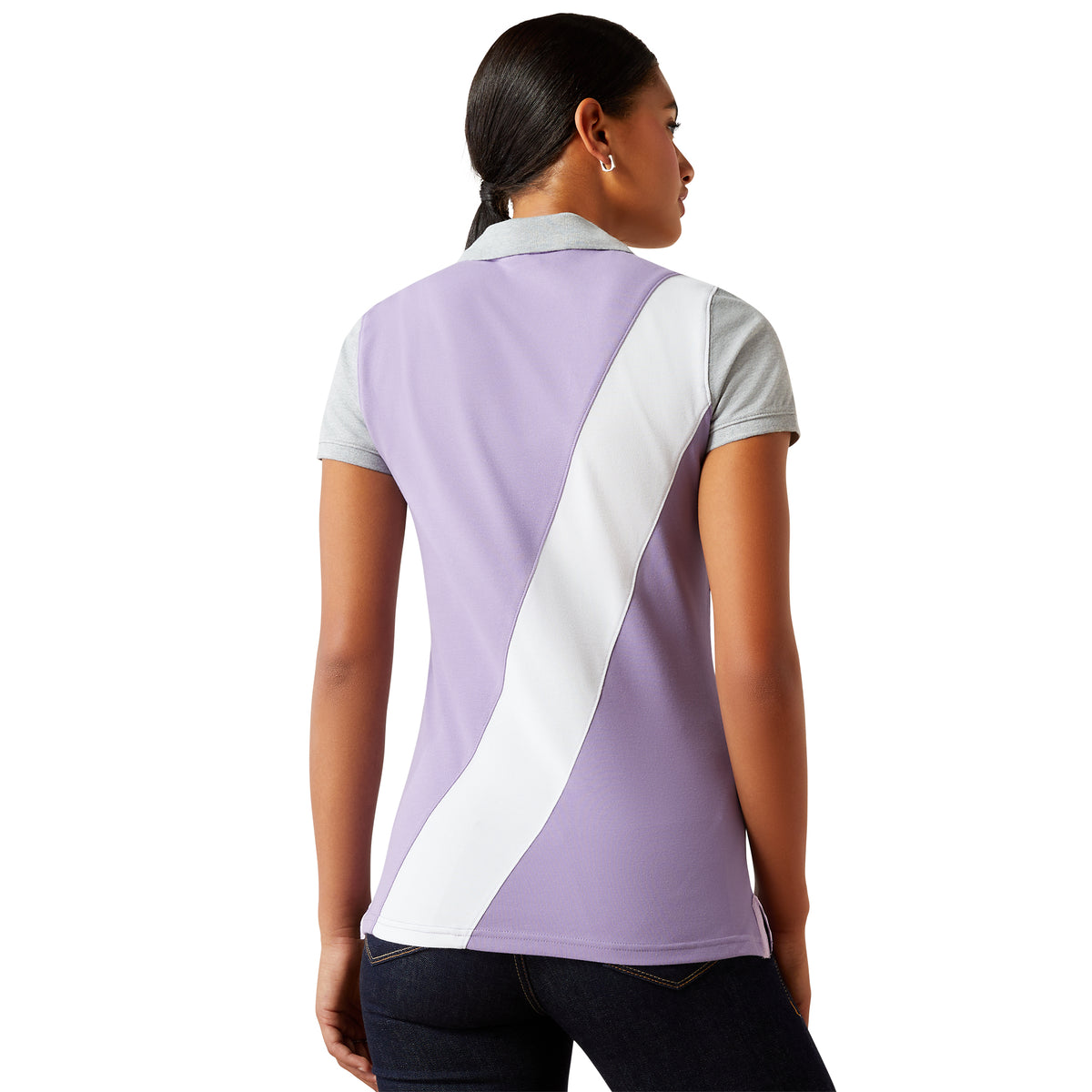 Ariat Women's Taryn Polo. Woman wearing a purple and white polo shirt on a white background