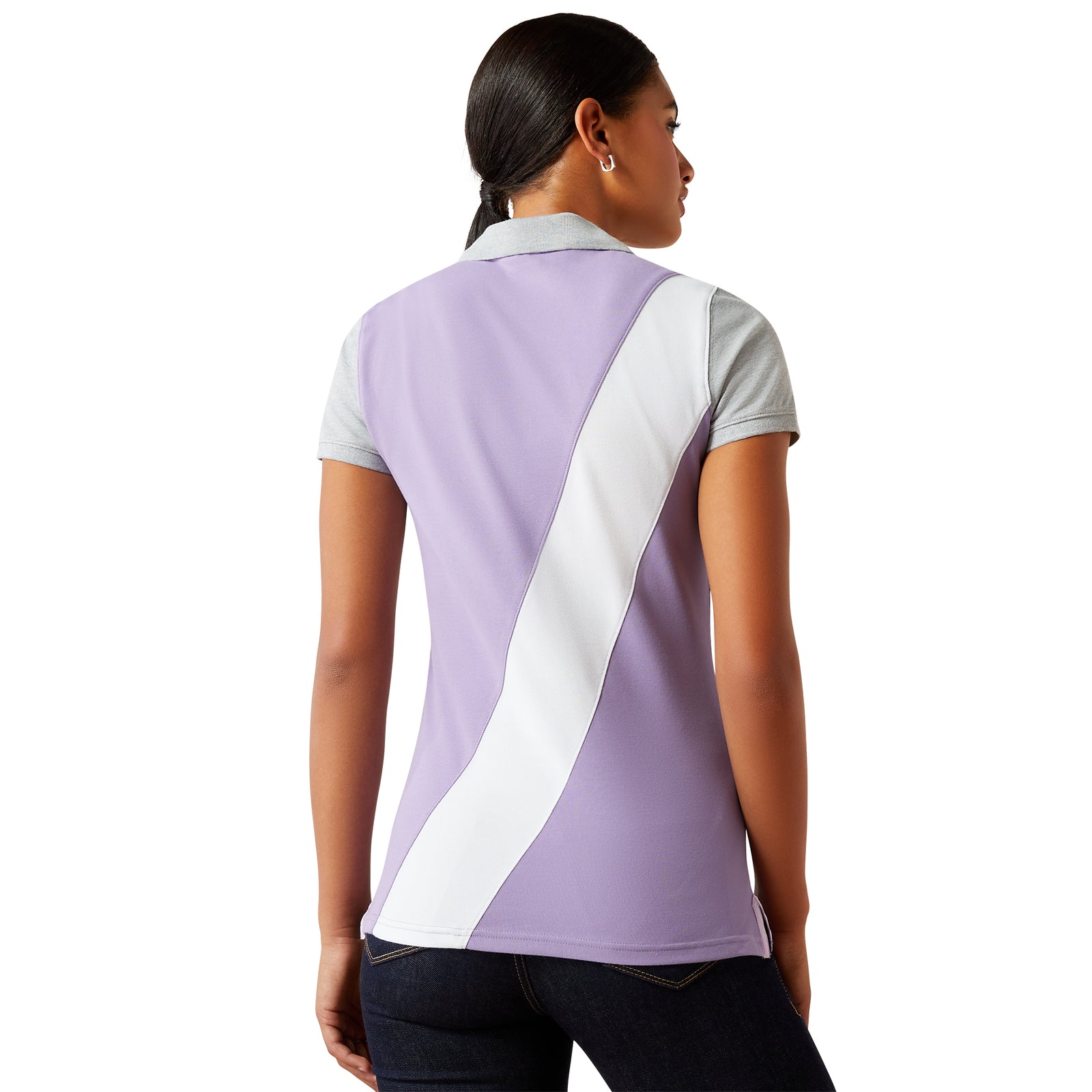 Ariat Women's Taryn Polo. Woman wearing a purple and white polo shirt on a white background