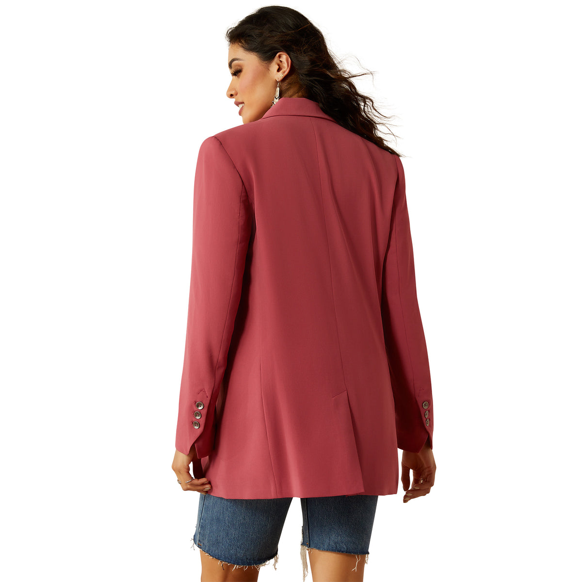 Ariat Women's Ella Blazer. Woman wearing a red blazer on a white background