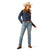 Ariat Women's Kirby Pro L/S Western Shirt. Woman wearing a blue denim shirt and jeans with a cowboy hat on a white background