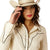 Ariat Women's Bluebell L/S Western Shirt. Woman wearing a cowboy hat and a white shirt with black accents on a white background