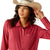 Ariat Women's Kirby Pro L/S Western Shirt. Woman wearing a red shirt and straw cowboy hat on a white background