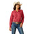 Ariat Women's Kirby Pro L/S Western Shirt. Woman wearing a red shirt, blue jeans, and a cowboy hat on a white background