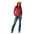 Ariat Women's Kirby Pro L/S Western Shirt. Woman wearing a red shirt, blue jeans, and a cowboy hat on a white background