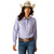 Ariat Women's Kirby Pro L/S Western Shirt. Woman wearing a light purple striped shirt, blue jeans, and a cowboy hat on a white background