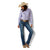 Ariat Women's Kirby Pro L/S Western Shirt. Person wearing a purple shirt, blue jeans, and a cowboy hat on a white background