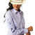 Ariat Women's Wrinkle Resistant Team Kirby L/S Western Shirt. Woman wearing a light purple shirt, blue jeans, and a cowboy hat on a white background
