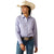 Ariat Women's Wrinkle Resistant Team Kirby L/S Western Shirt. Woman wearing a light purple shirt, blue jeans, and a cowboy hat on a white background