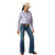 Ariat Women's Wrinkle Resistant Team Kirby L/S Western Shirt. Person wearing a light purple shirt, blue jeans, and a straw hat on a white background