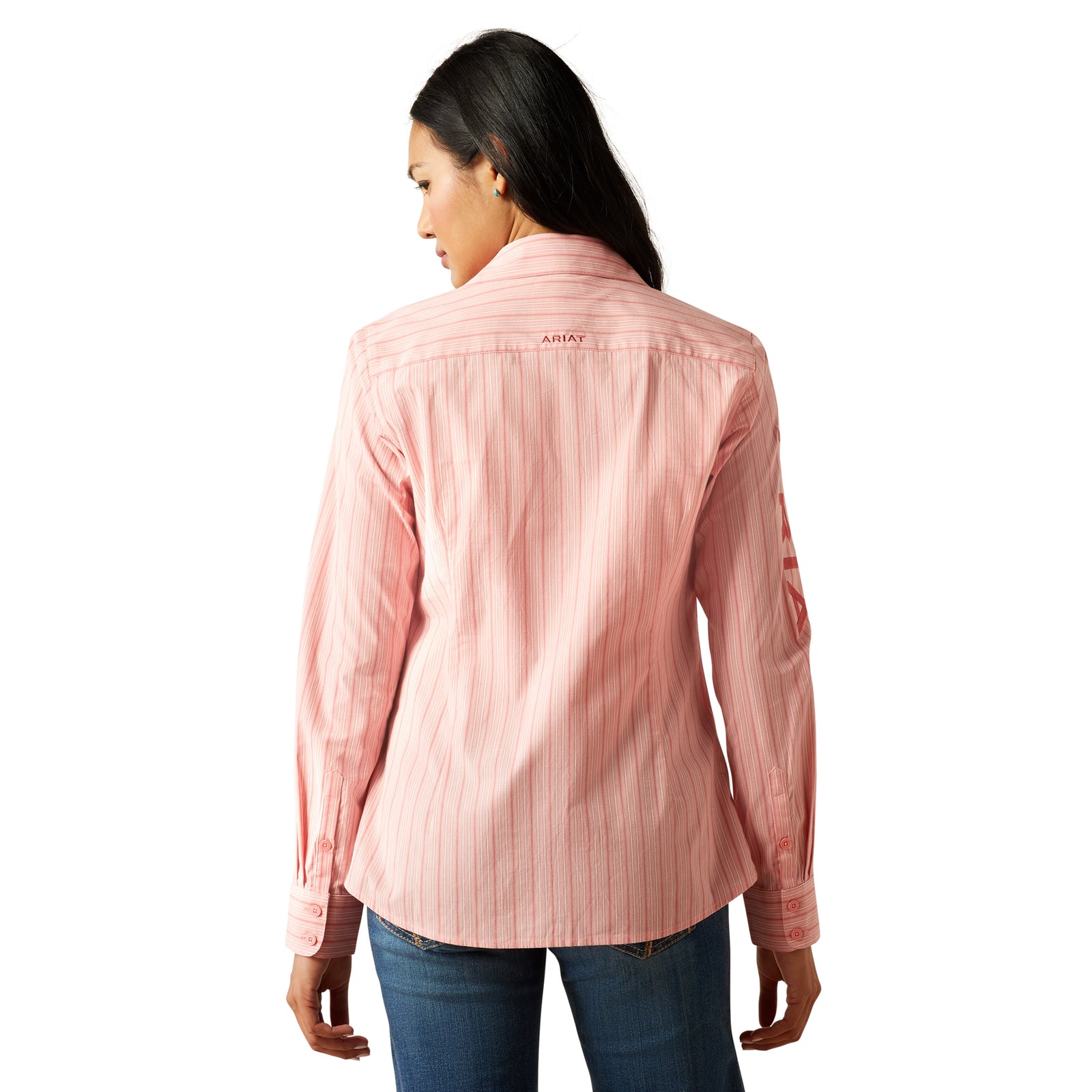 Ariat Women's Wrinkle Resistant Team Kirby Western Shirt. Woman wearing a pink striped shirt with a brand logo on a white background