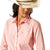 Ariat Women's Wrinkle Resistant Team Kirby Western Shirt. Woman wearing a pink striped shirt with 'Bariat' branding and a straw hat on a white background