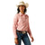 Ariat Women's Wrinkle Resistant Team Kirby Western Shirt. Woman wearing a pink long-sleeve shirt, blue jeans, and a white cowboy hat on a white background