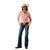 Ariat Women's Wrinkle Resistant Team Kirby Western Shirt. Woman wearing a pink shirt, blue jeans, and a cowboy hat on a white background