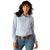 Ariat Women's Wrinkle Resistant Team Kirby Western Shirt. Woman wearing a light blue shirt and jeans on a white background