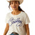 Ariat Women's Cowboy T-Shirt. Woman wearing a white t-shirt with 'Cowboy' text, blue jeans, and a straw hat on a white background